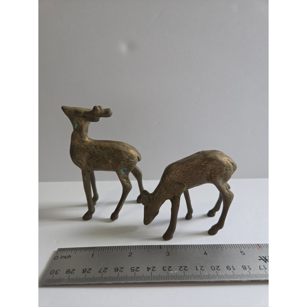 Vintage Solid Brass Deer Figurines Set Buck and Doe Miniature Statues Patina